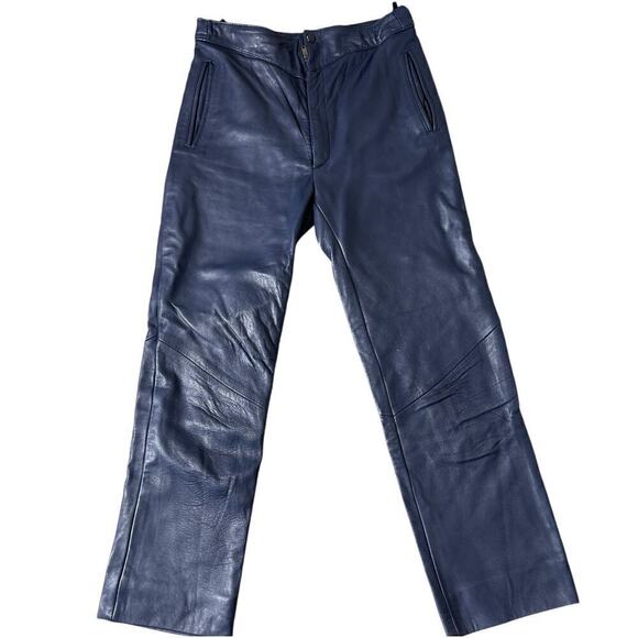 Vintage 80s 70s Mario Zarelli Navy Blue Leather Biker Punk Pants size 10 Medium - Picture 1 of 16